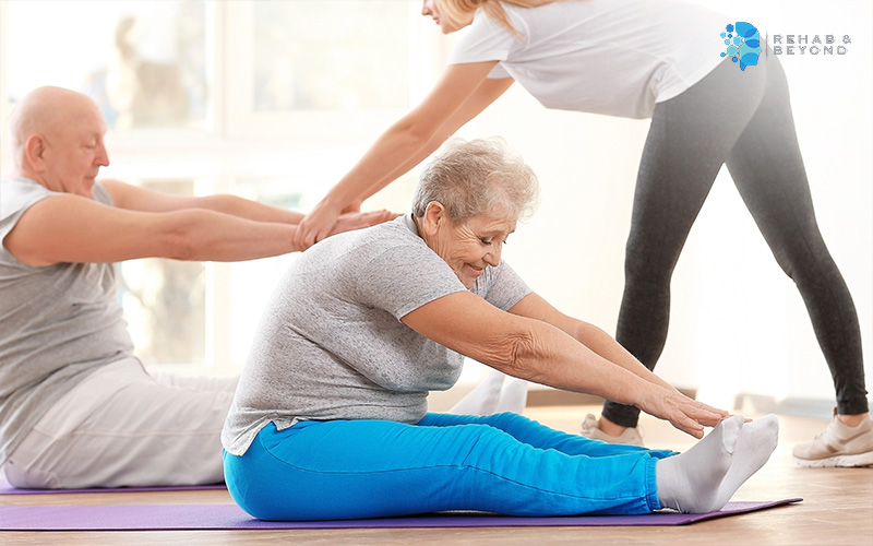 Elderly man and woman doing home exercise physiotherapy